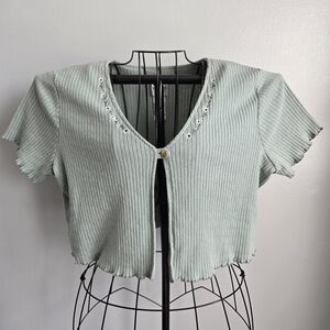 Bentley Vintage Cottagecore Green Cropped Cardigan with Spring Floral Embroidery